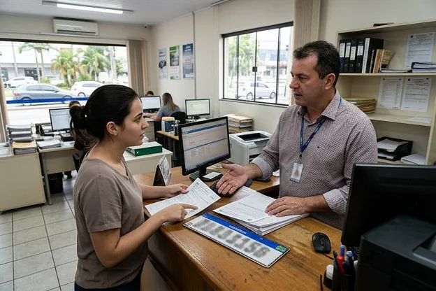 Despachante ajudando cliente no processo do 1º emplacamento em Blumenau.