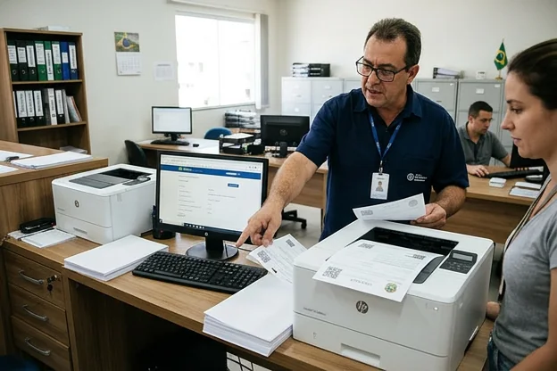 Despachante mostrando o processo de impressão do CRLV-e em Blumenau.